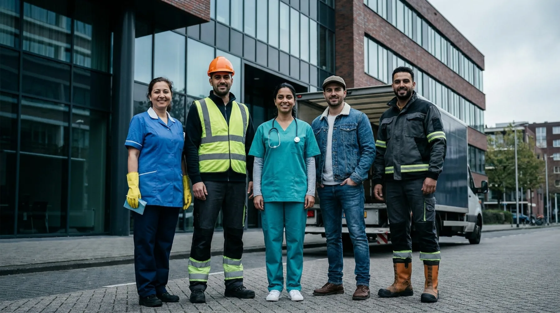 Uitzendkrachten van Lotus uit verschillende sectoren voor een kantoorgebouw in Amsterdam