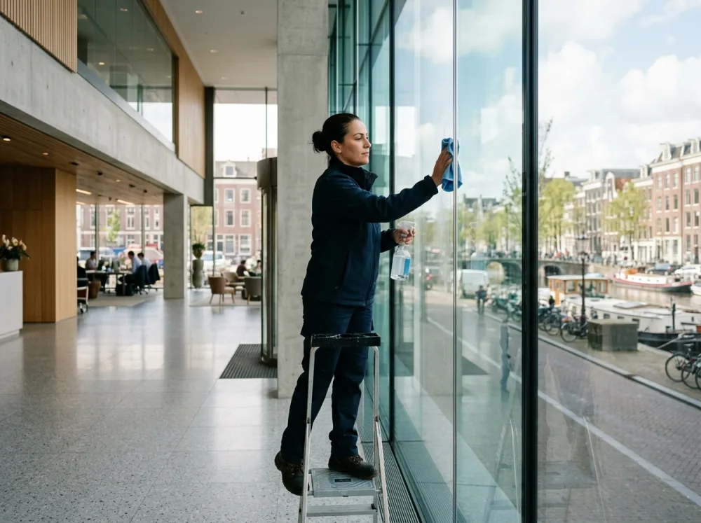 Schoonmaker aan het werk in een kantoorlobby